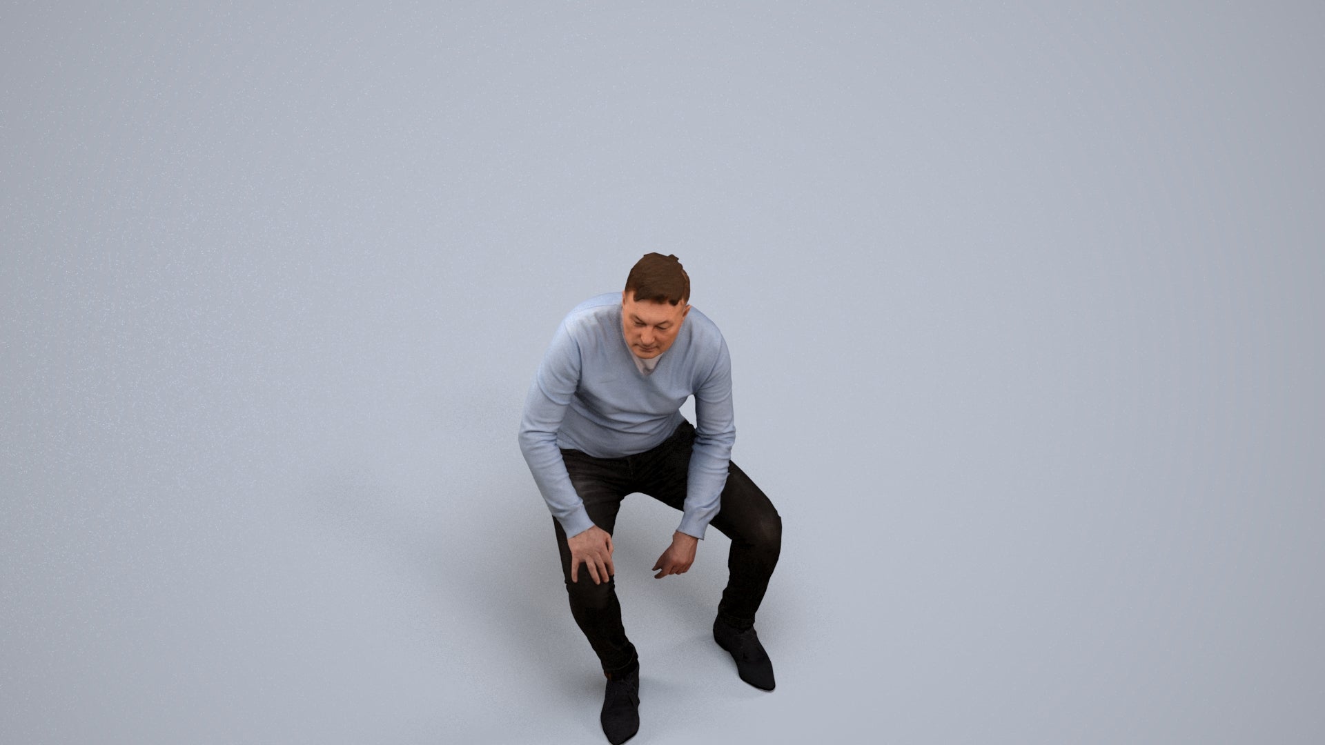 3D human model man casual sitting, photogrammetry scanned person for archviz, back view render