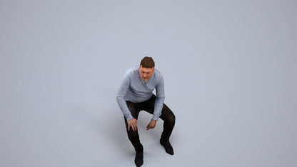 3D human model man casual sitting, photogrammetry scanned person for archviz, back view render