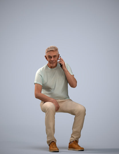 3D scanned senior man sitting casual, photorealistic archviz people for Enscape and SketchUp