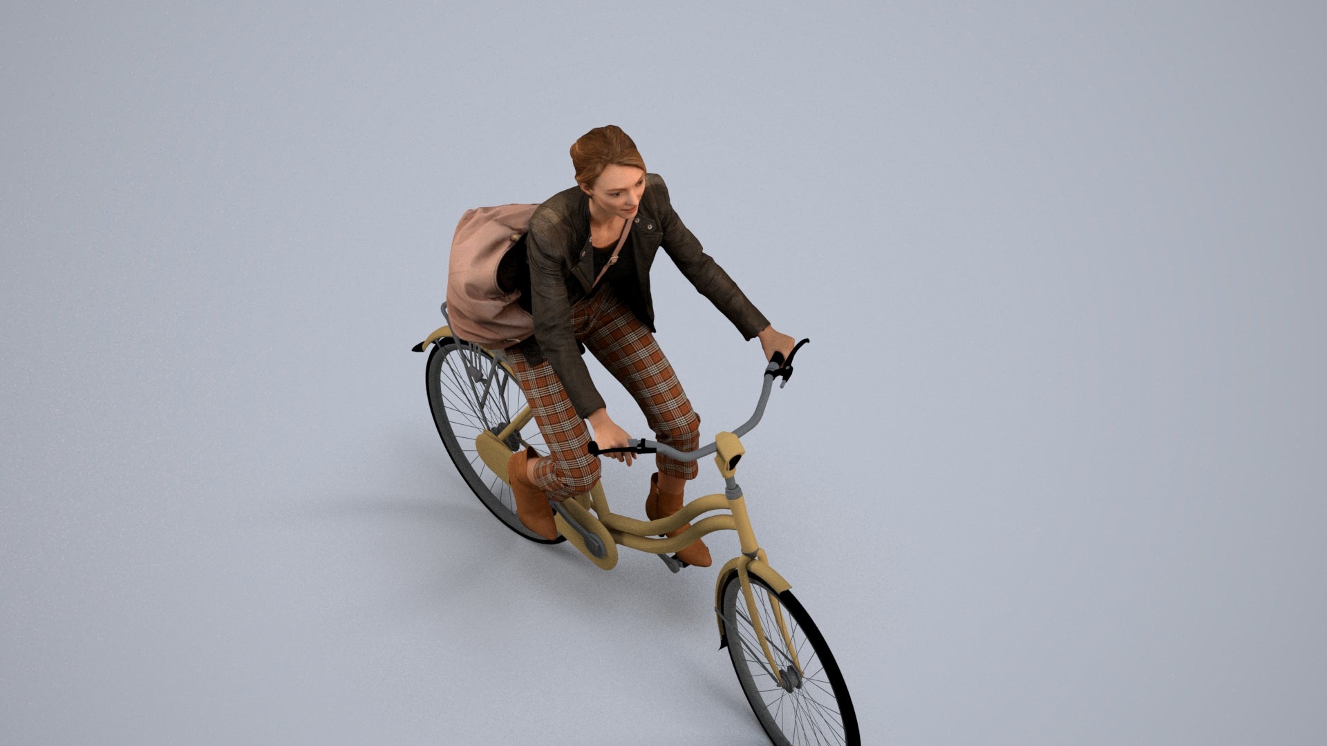 photogrammetry 3D woman business cycling, realistic human model archviz FBX, back view render