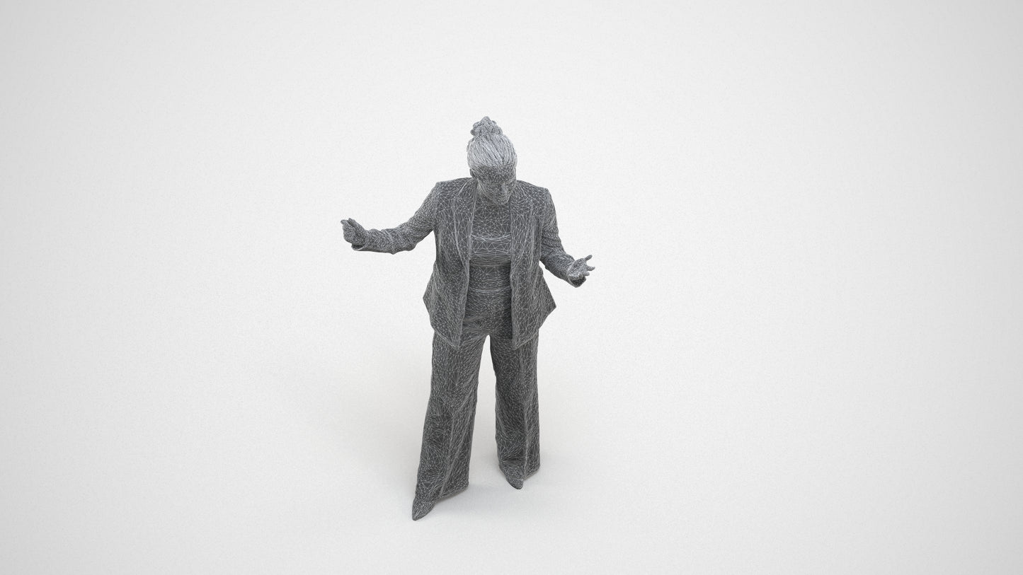 realistic 3D human woman business, archviz people FBX OBJ for Blender, wireframe three-quarter view
