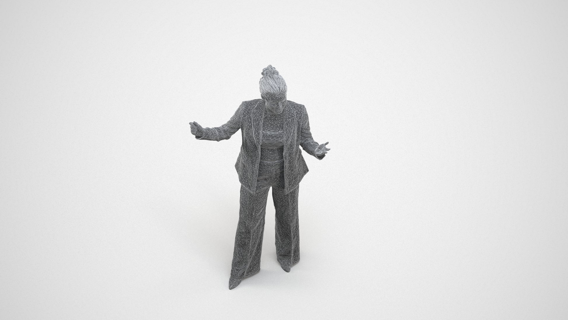 realistic 3D human woman business, archviz people FBX OBJ for Blender, wireframe three-quarter view