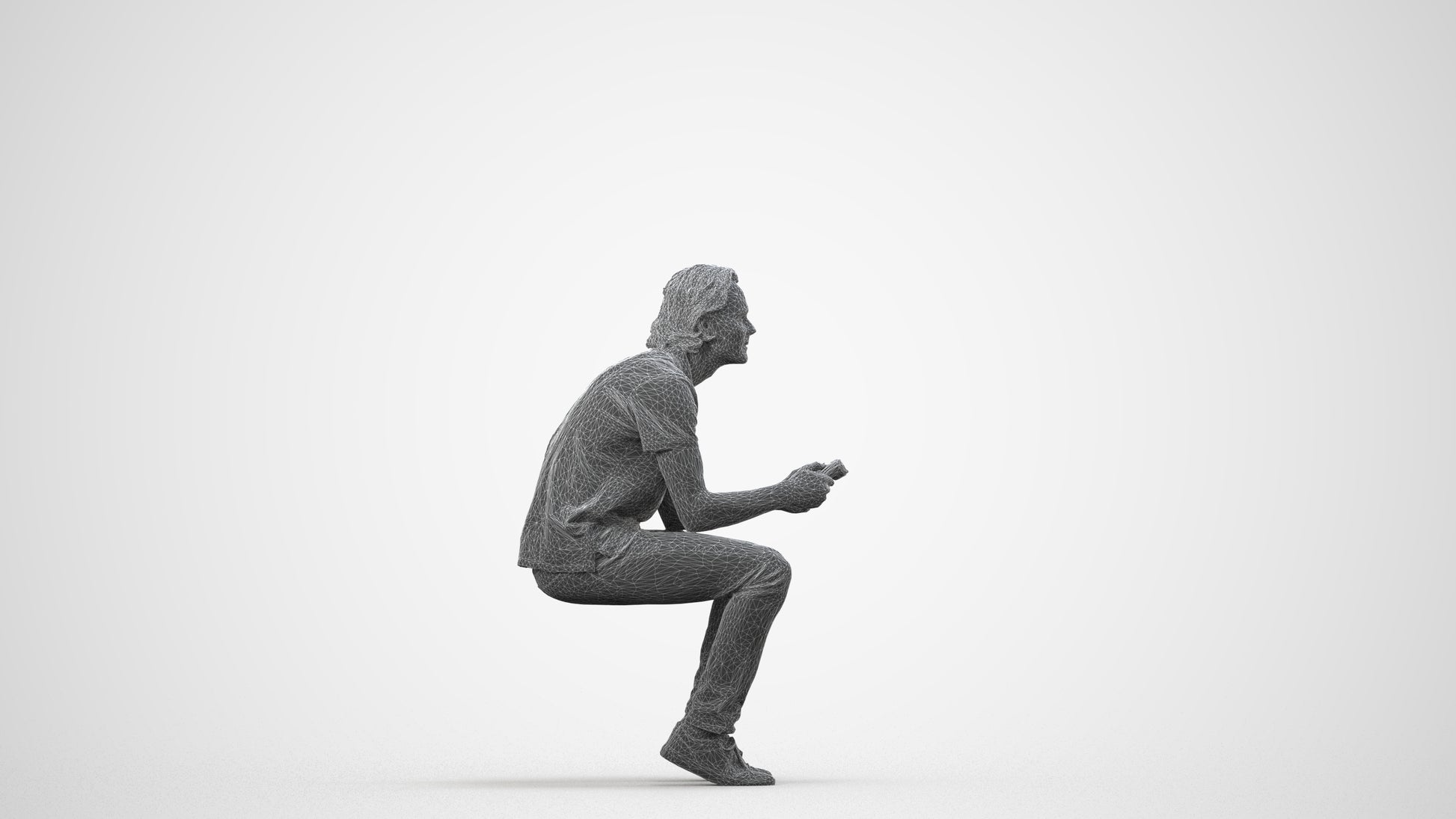 3D scanned man sitting casual, photorealistic archviz people for Enscape and SketchUp, wireframe side view