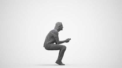 3D scanned man sitting casual, photorealistic archviz people for Enscape and SketchUp, wireframe side view