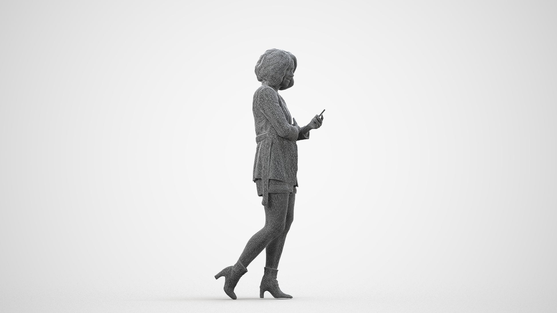 3D people model woman business standing, scanned human for 3ds Max rendering, wireframe side view