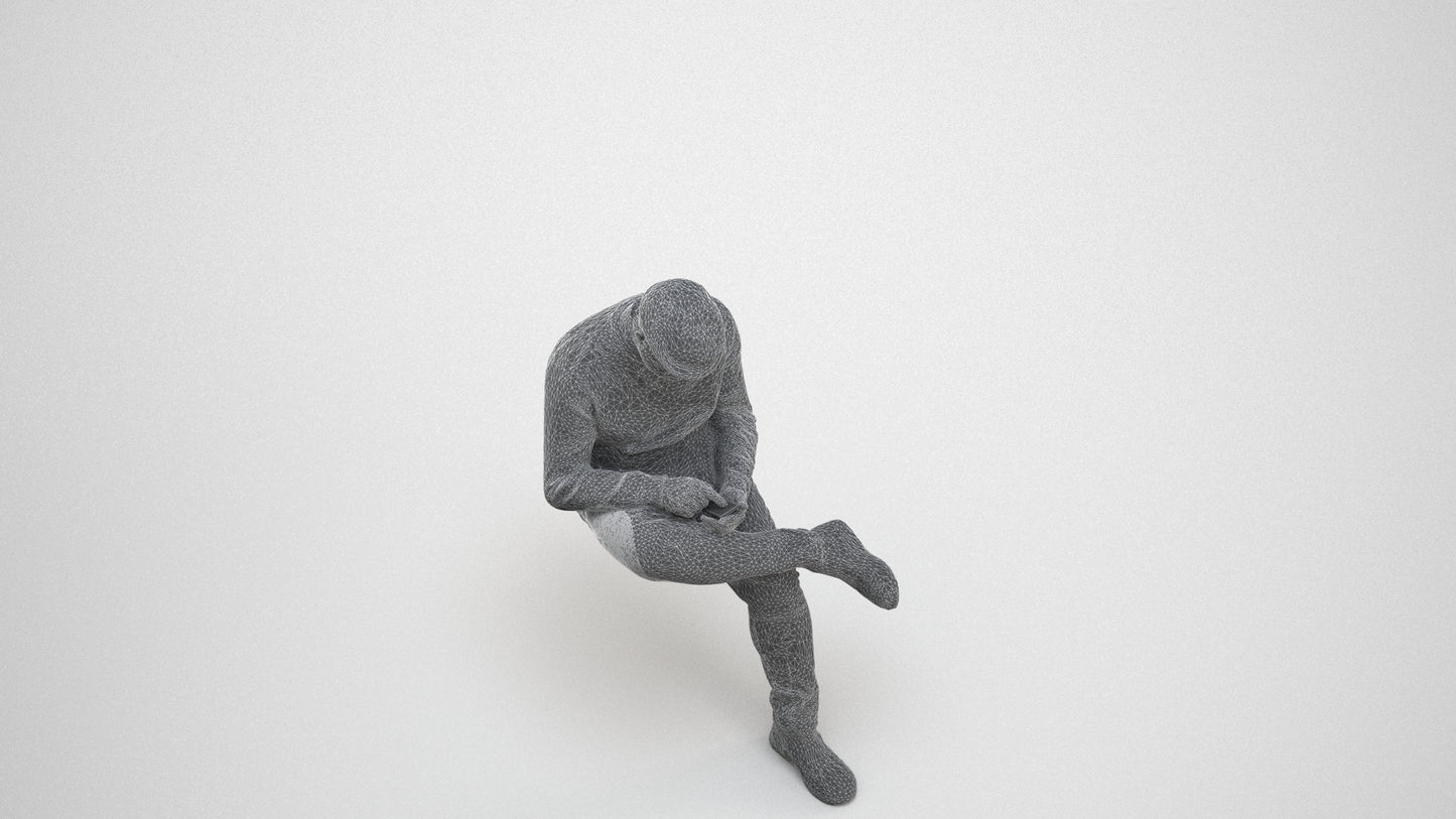 realistic 3D human man casual sitting, archviz people FBX OBJ for Blender, wireframe three-quarter view