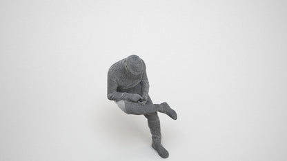 realistic 3D human man casual sitting, archviz people FBX OBJ for Blender, wireframe three-quarter view