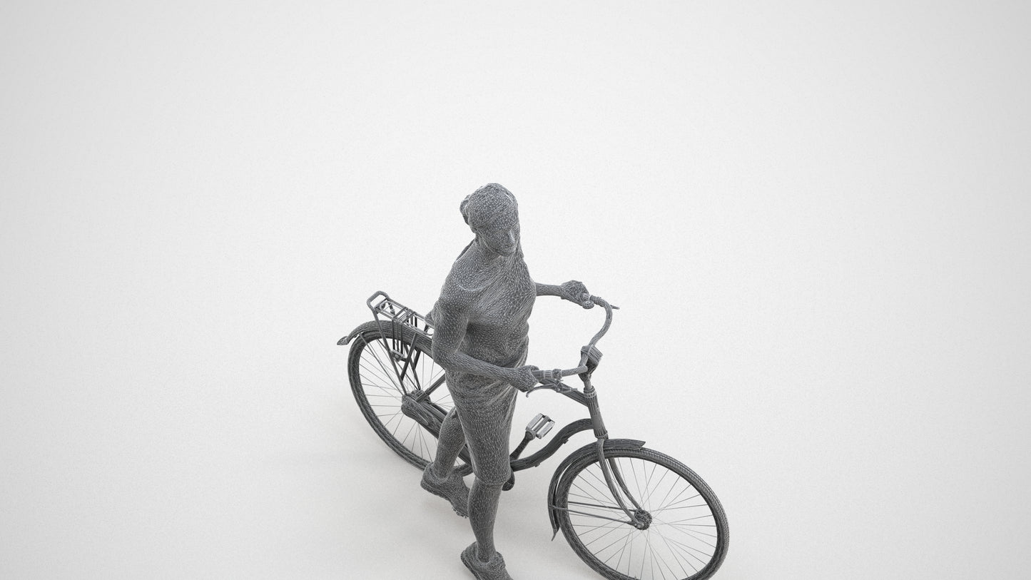 realistic 3D senior woman casual cycling, scanned archviz people for Blender and 3ds Max, wireframe three-quarter view
