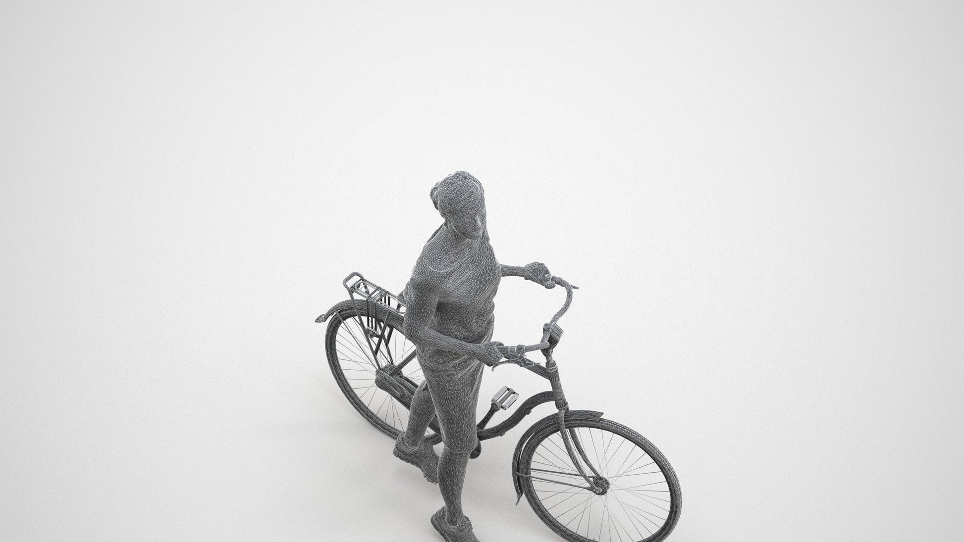 realistic 3D senior woman casual cycling, scanned archviz people for Blender and 3ds Max, wireframe three-quarter view