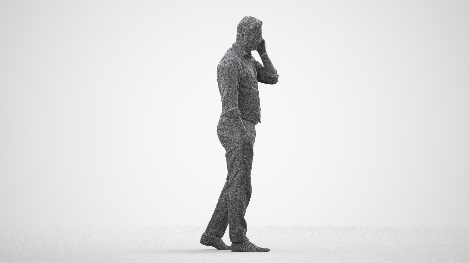 3D human model man business walking, photogrammetry scanned person for archviz, wireframe side view