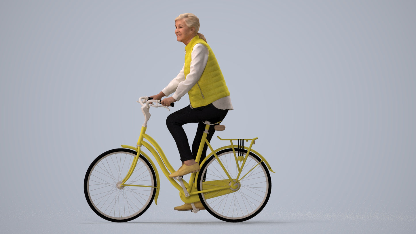 3D human model senior woman casual cycling, photogrammetry scanned person for archviz, three-quarter view render