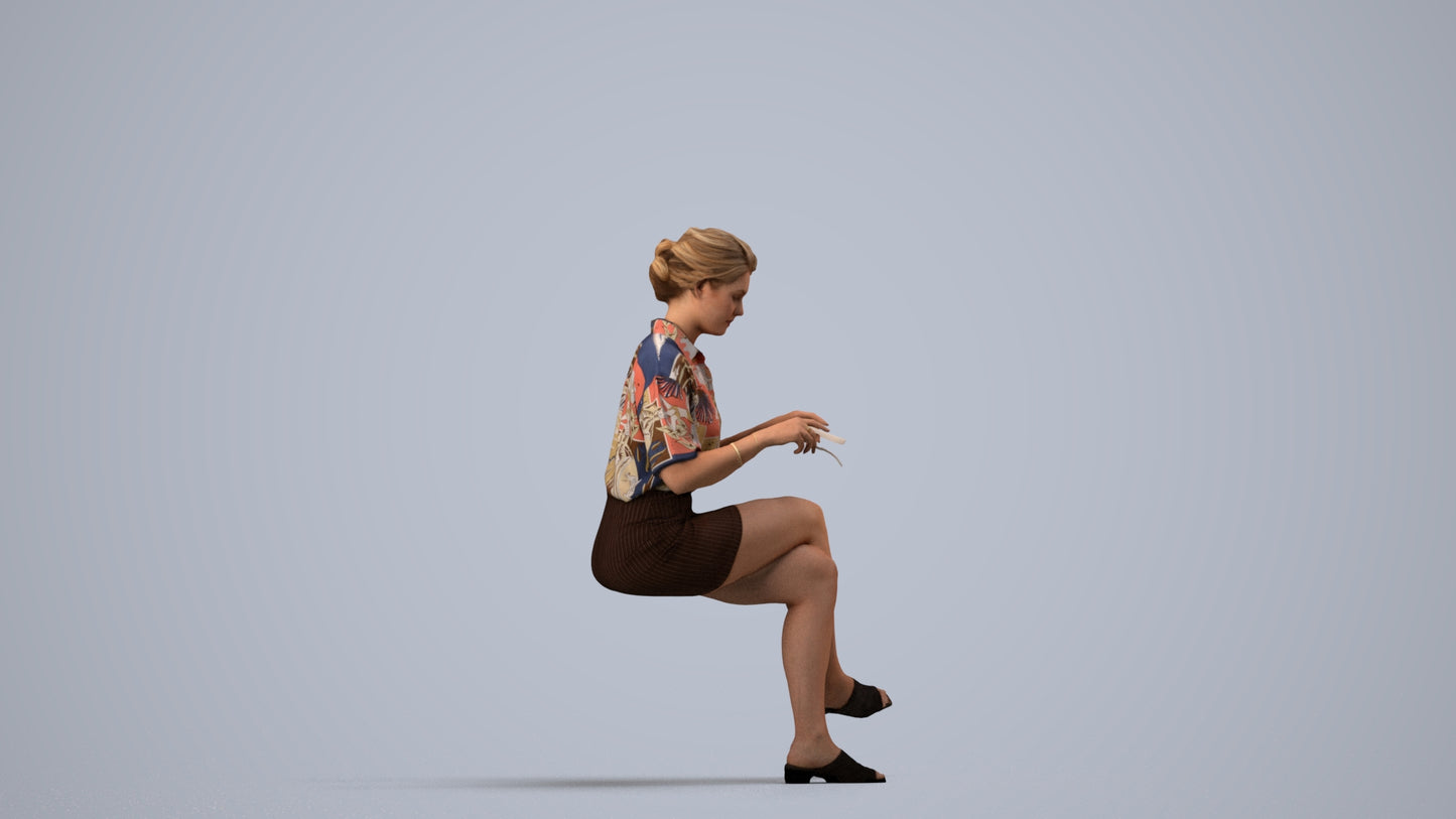 photogrammetry 3D woman casual sitting, realistic human model archviz FBX, side view render