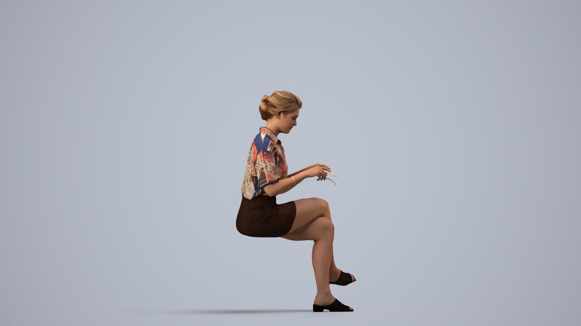 photogrammetry 3D woman casual sitting, realistic human model archviz FBX, side view render