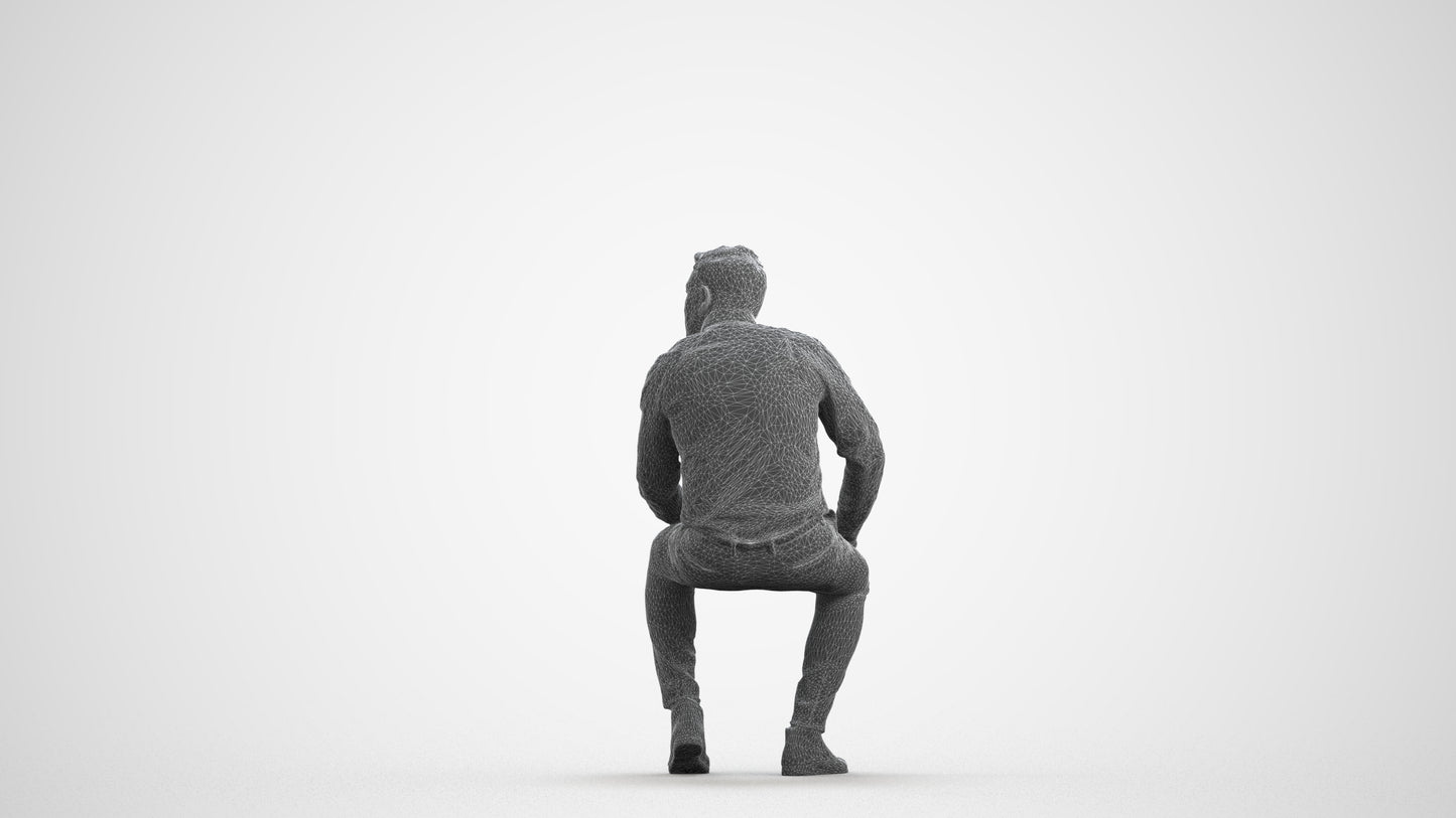 3D scanned man sitting casual, photorealistic archviz people for Enscape and SketchUp, wireframe front view