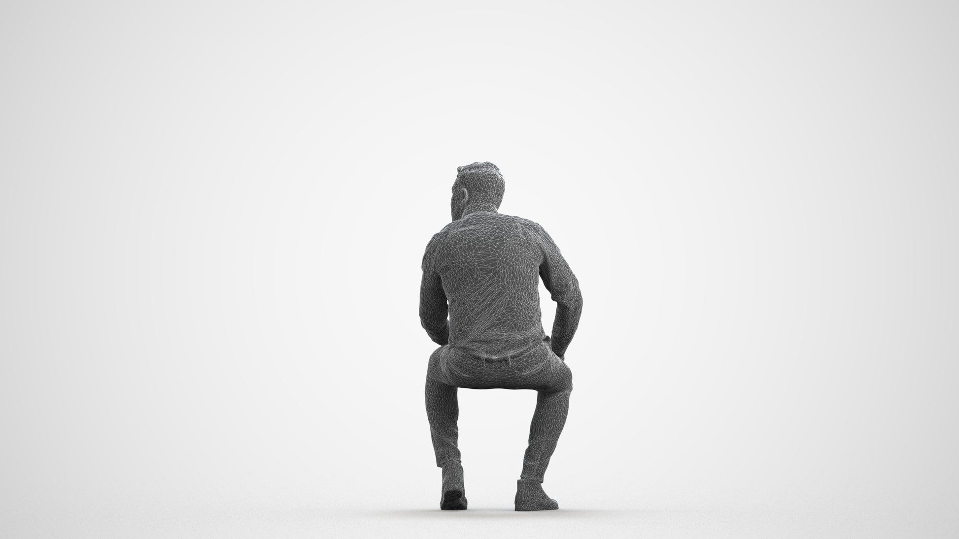 3D scanned man sitting casual, photorealistic archviz people for Enscape and SketchUp, wireframe front view
