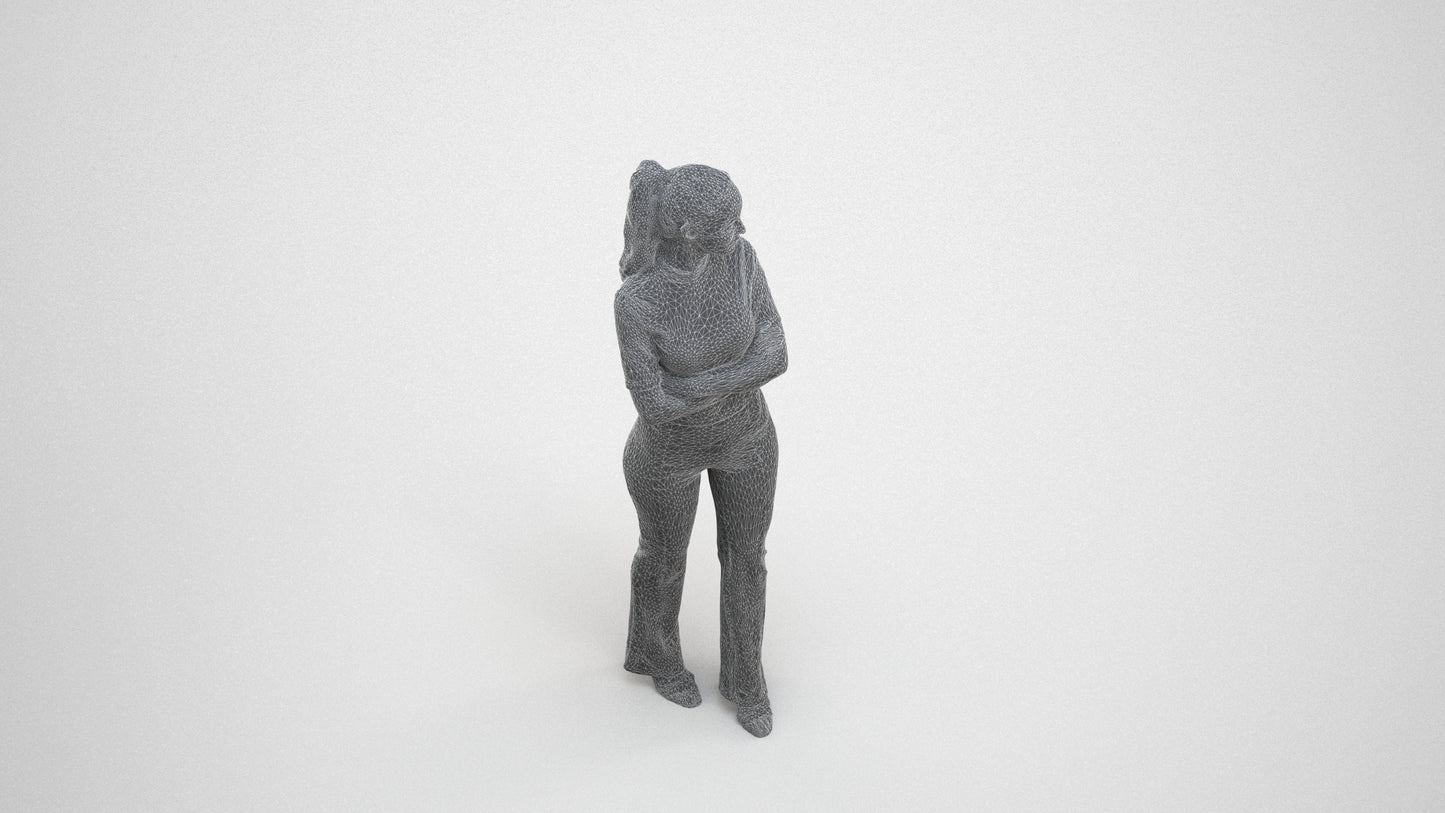 realistic 3D people woman casual standing, render-ready for V-Ray and Corona, FBX OBJ, wireframe three-quarter view