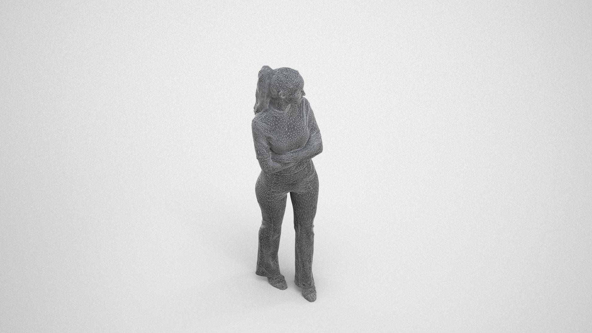 realistic 3D people woman casual standing, render-ready for V-Ray and Corona, FBX OBJ, wireframe three-quarter view