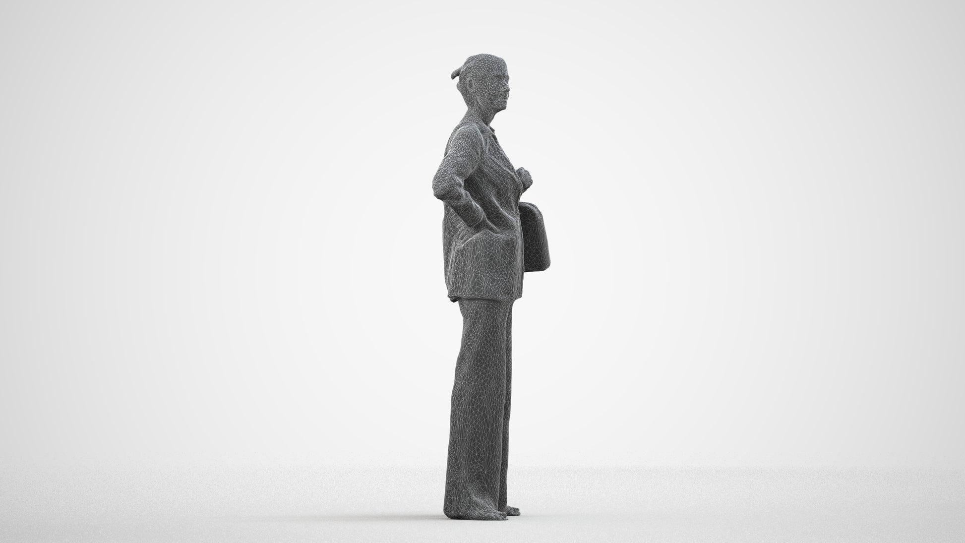 3D human model senior woman business, photogrammetry scanned person for archviz, wireframe side view