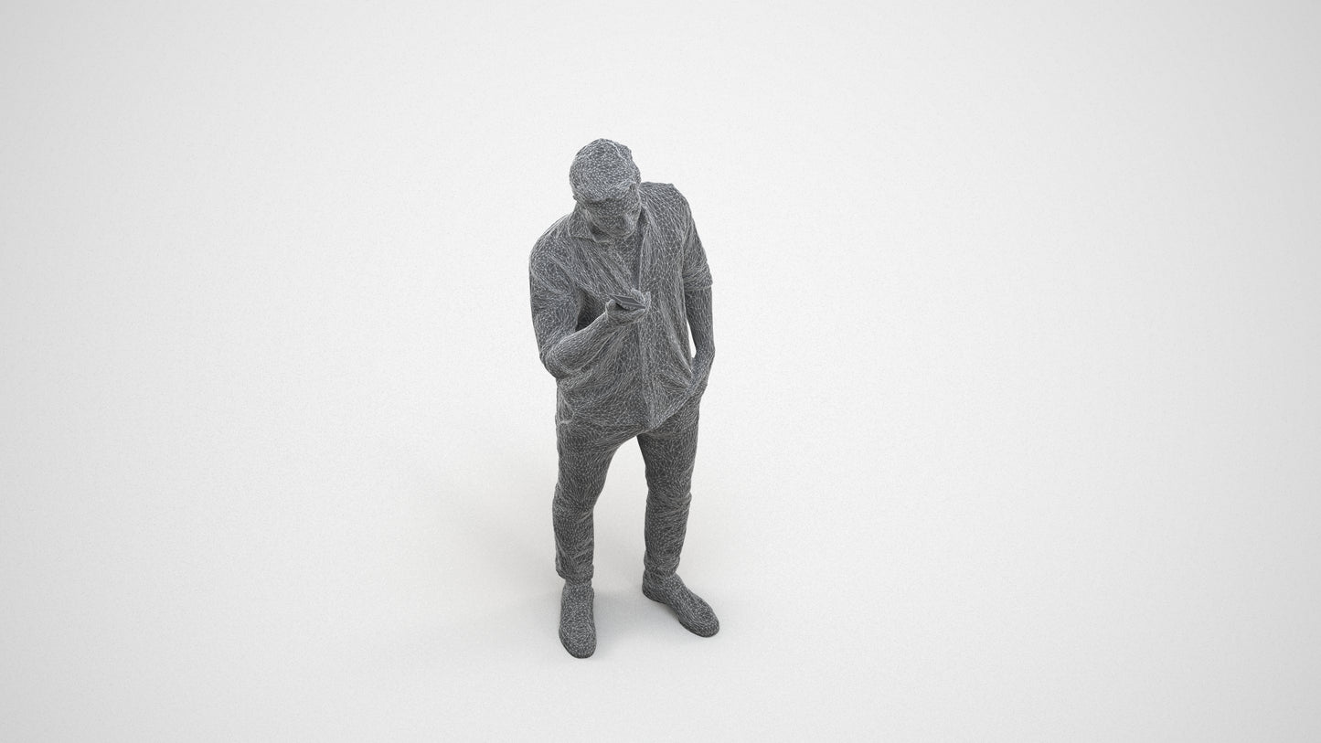 scanned 3D man casual standing, photogrammetry people for Enscape and V-Ray, wireframe three-quarter view