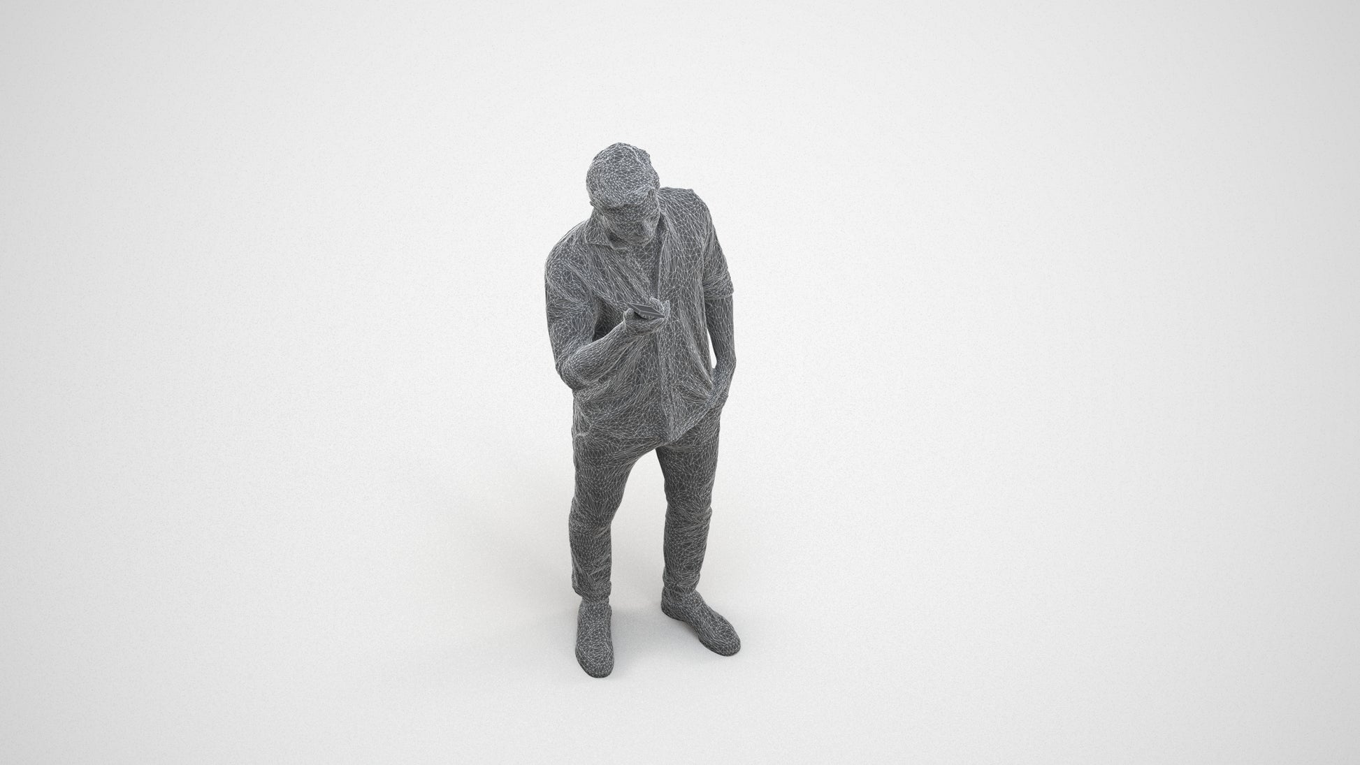 scanned 3D man casual standing, photogrammetry people for Enscape and V-Ray, wireframe three-quarter view