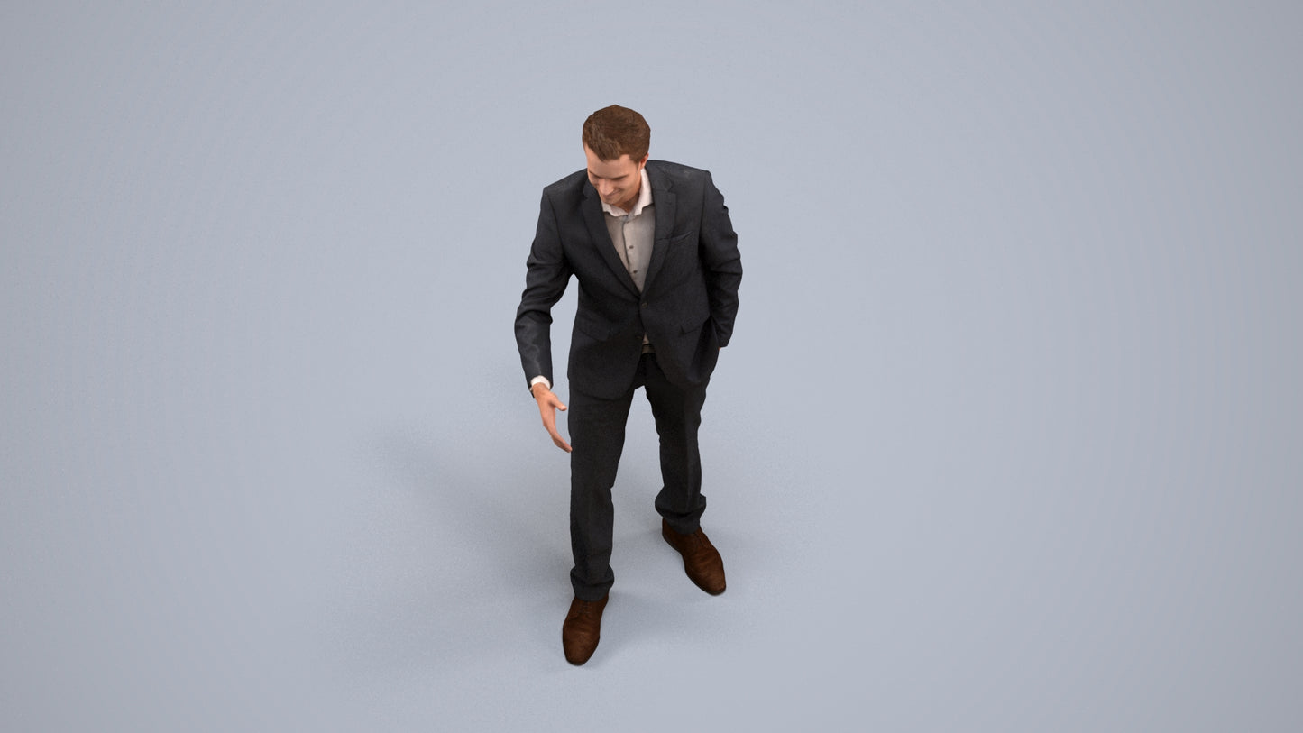 realistic 3D human man business, archviz people FBX OBJ for Blender, back view render
