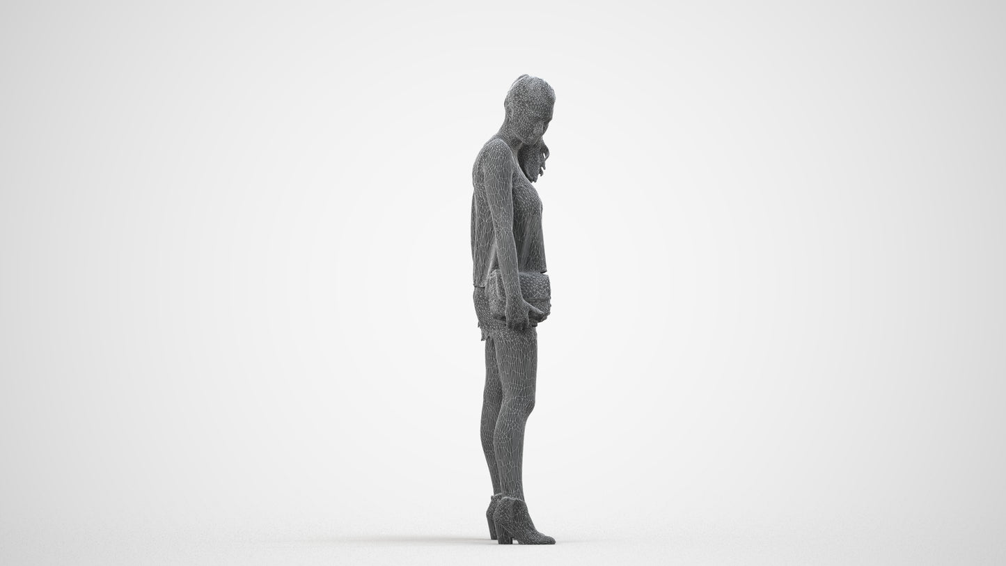 3D people model girl casual standing, scanned human for 3ds Max rendering, wireframe side view