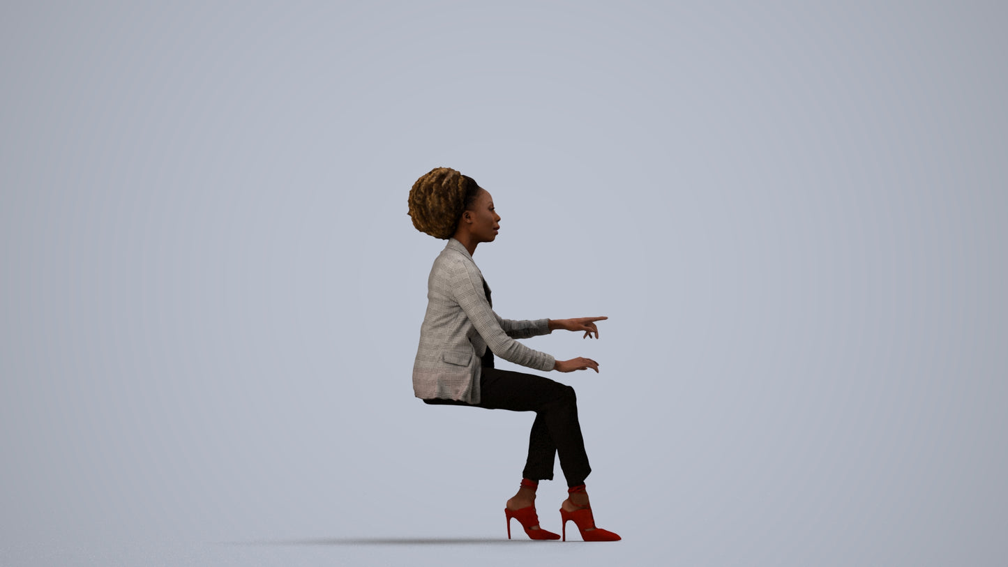 3D scanned woman sitting business, photorealistic archviz people for Enscape and SketchUp, side view render