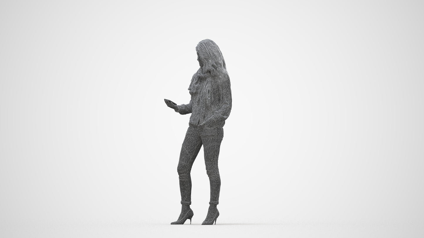 3D scanned woman standing casual, photorealistic archviz people for Enscape and SketchUp, wireframe back view