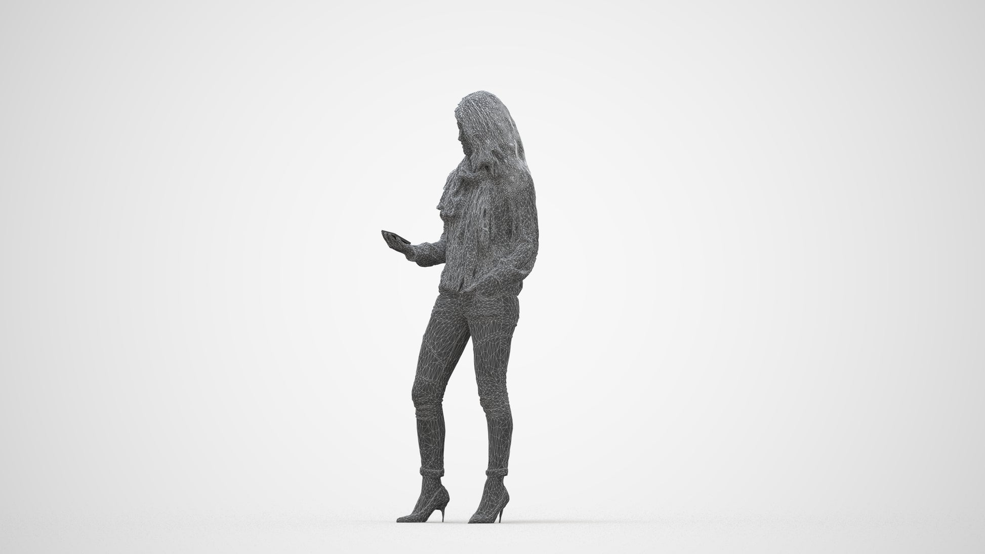 3D scanned woman standing casual, photorealistic archviz people for Enscape and SketchUp, wireframe back view