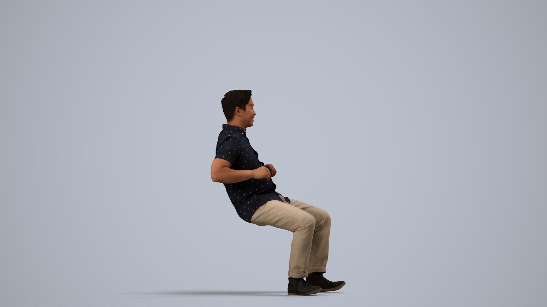 realistic 3D man casual sitting, scanned archviz people for Blender and 3ds Max, side view render
