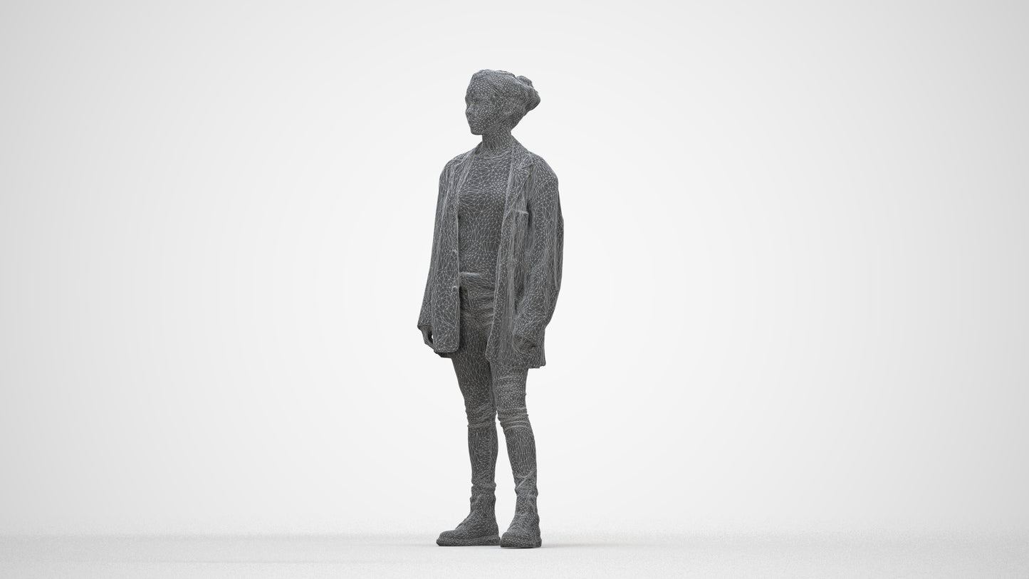 3D human model woman casual mix, photogrammetry scanned person for archviz, wireframe back view