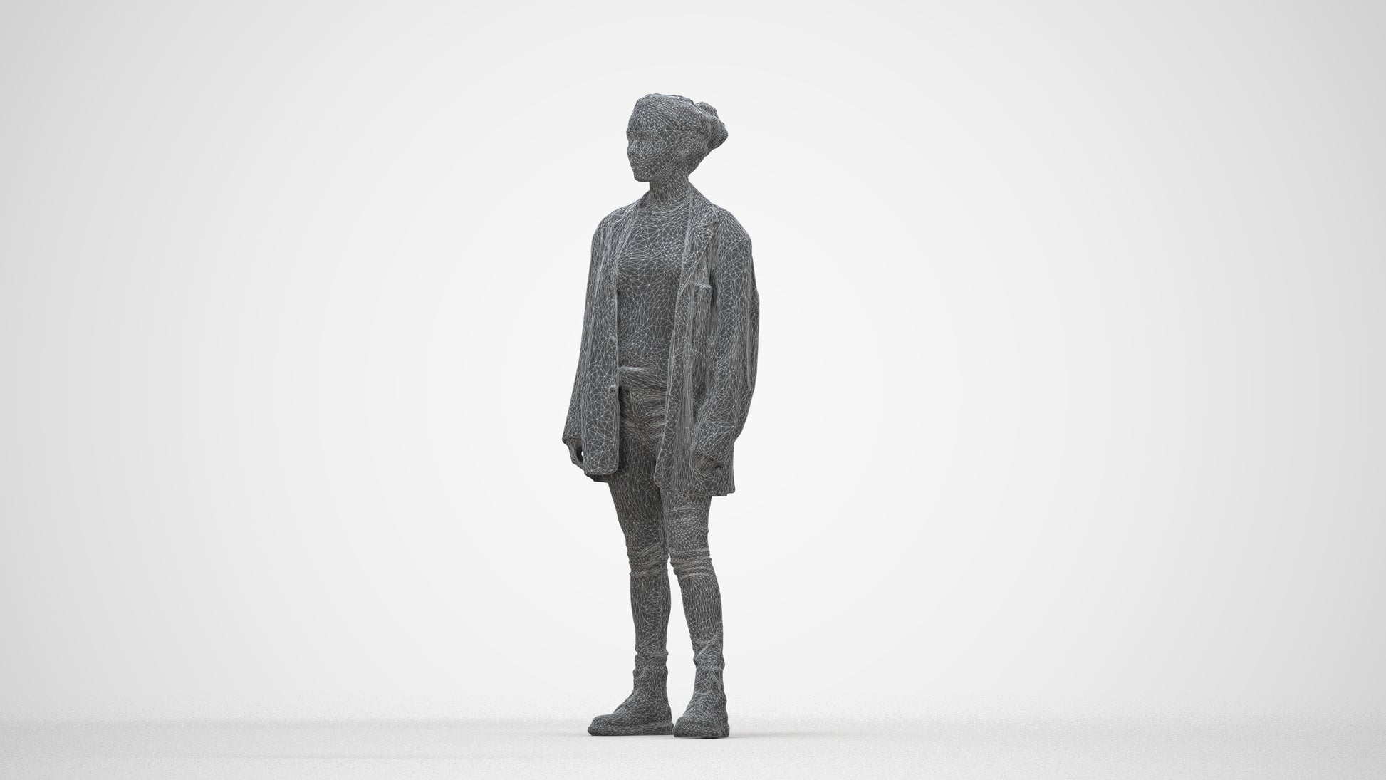 3D human model woman casual mix, photogrammetry scanned person for archviz, wireframe back view
