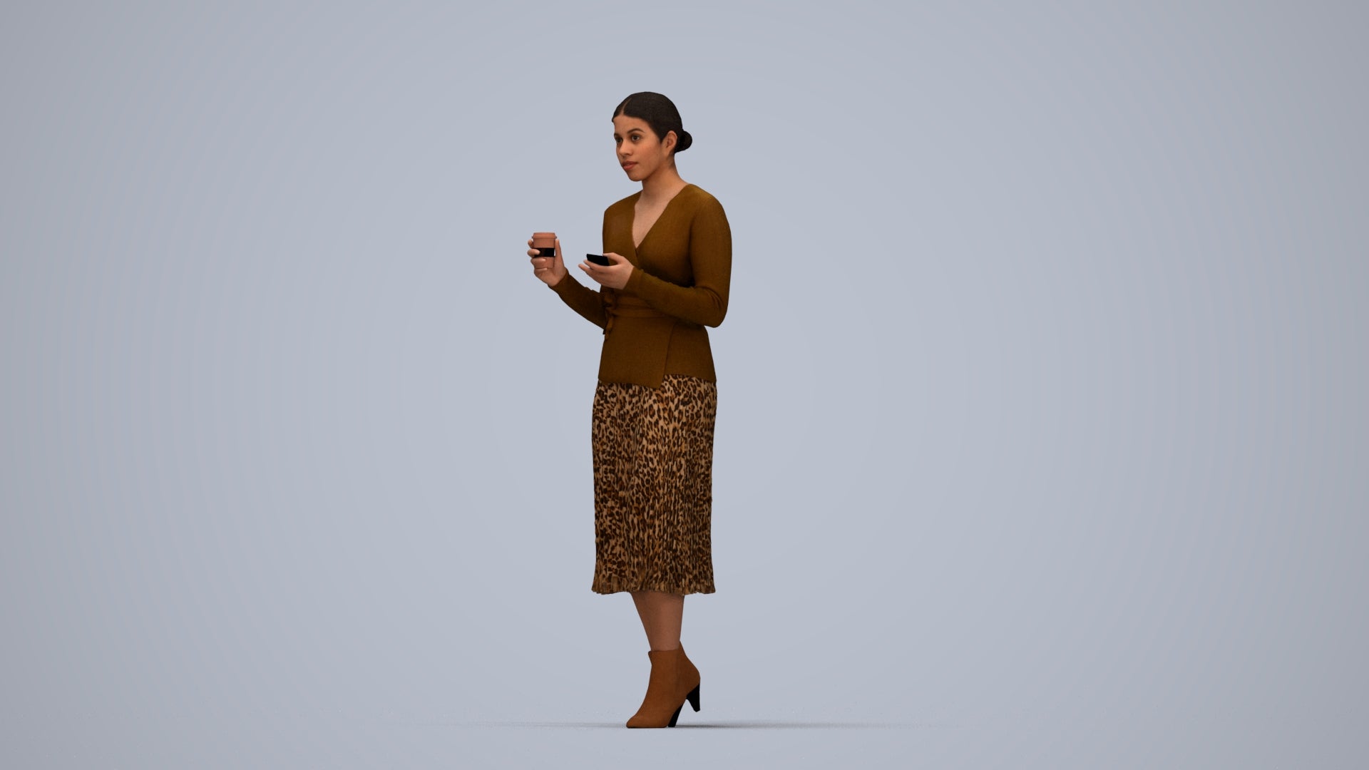 realistic 3D woman casual walking, scanned archviz people for Blender and 3ds Max, top-down view render