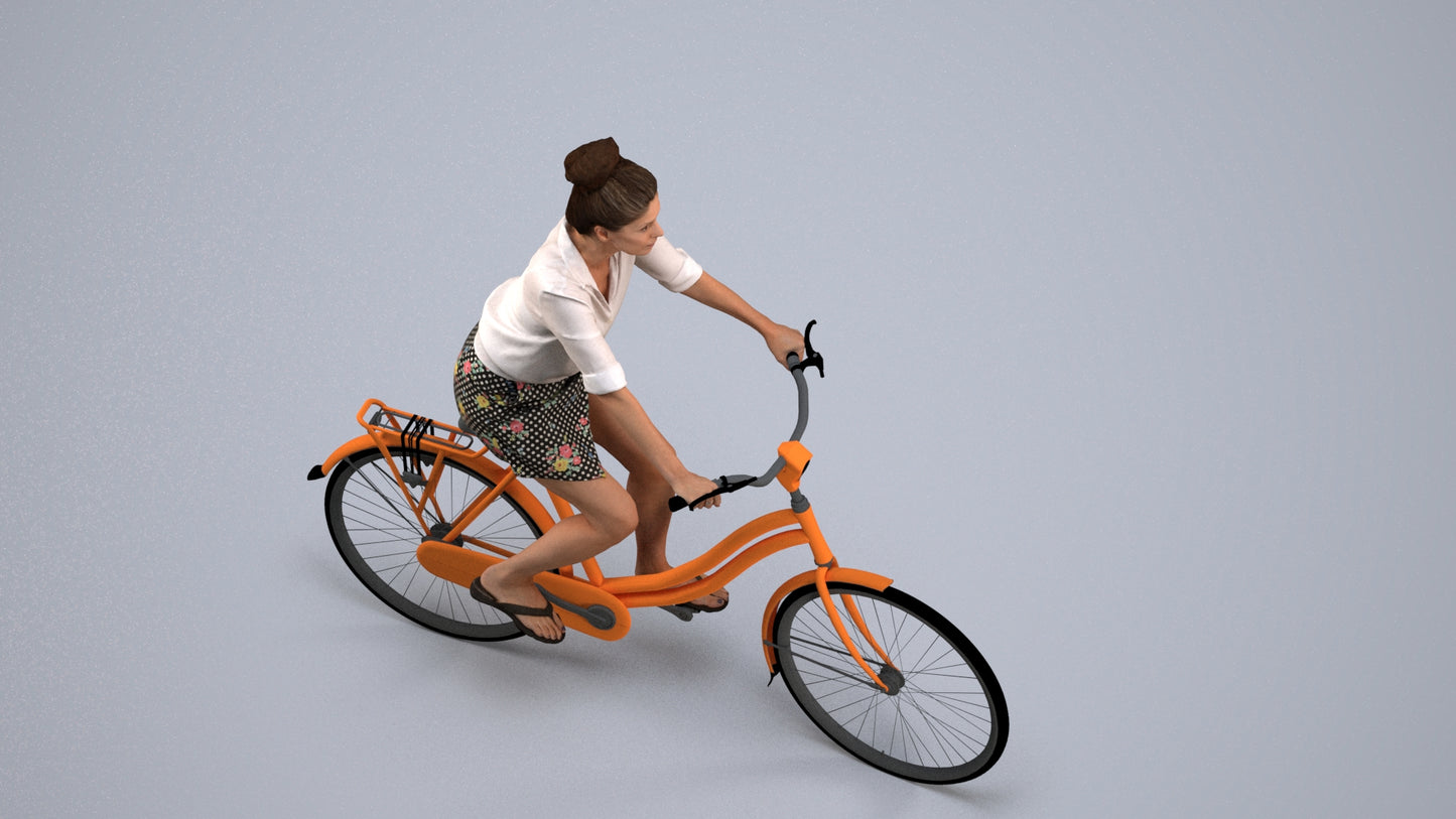 realistic 3D human woman casual cycling, archviz people FBX OBJ for Blender, back view render