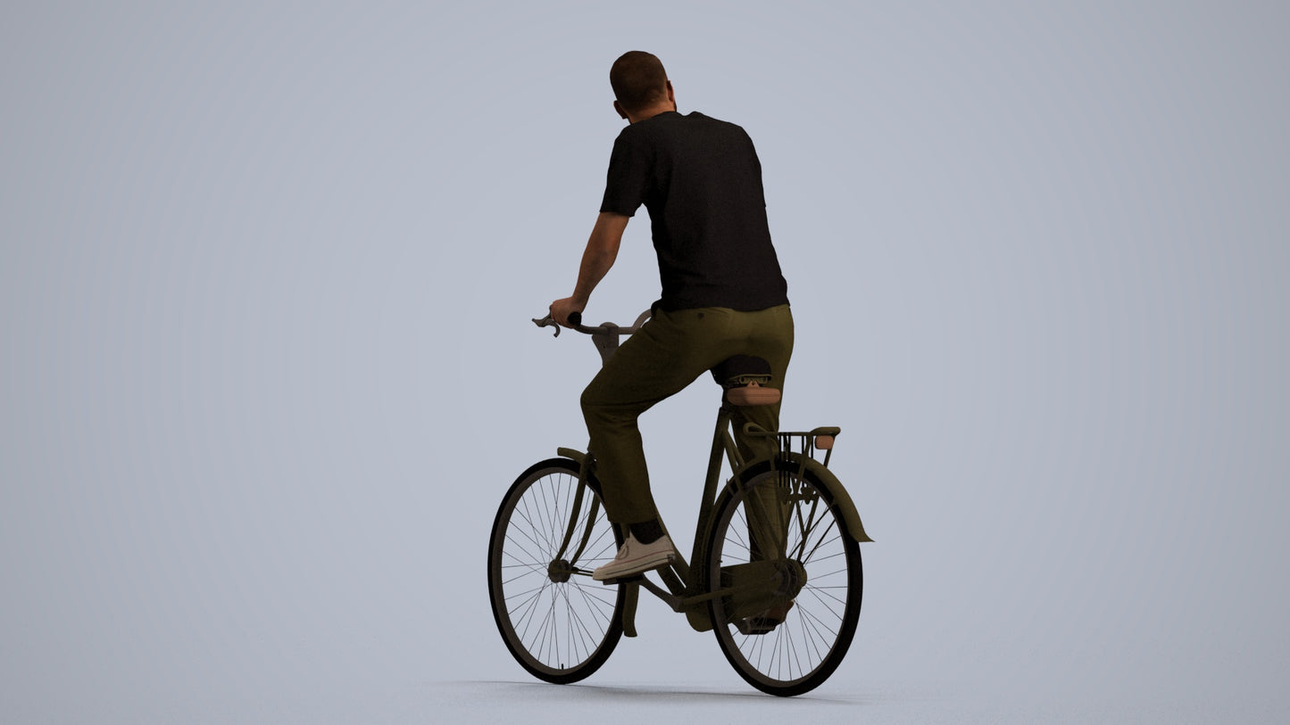 realistic 3D man casual cycling, scanned archviz people for Blender and 3ds Max, front view render