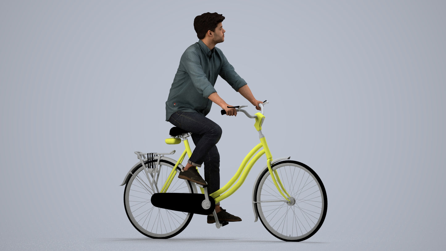 photogrammetry 3D man casual cycling, realistic human model archviz FBX, side view render