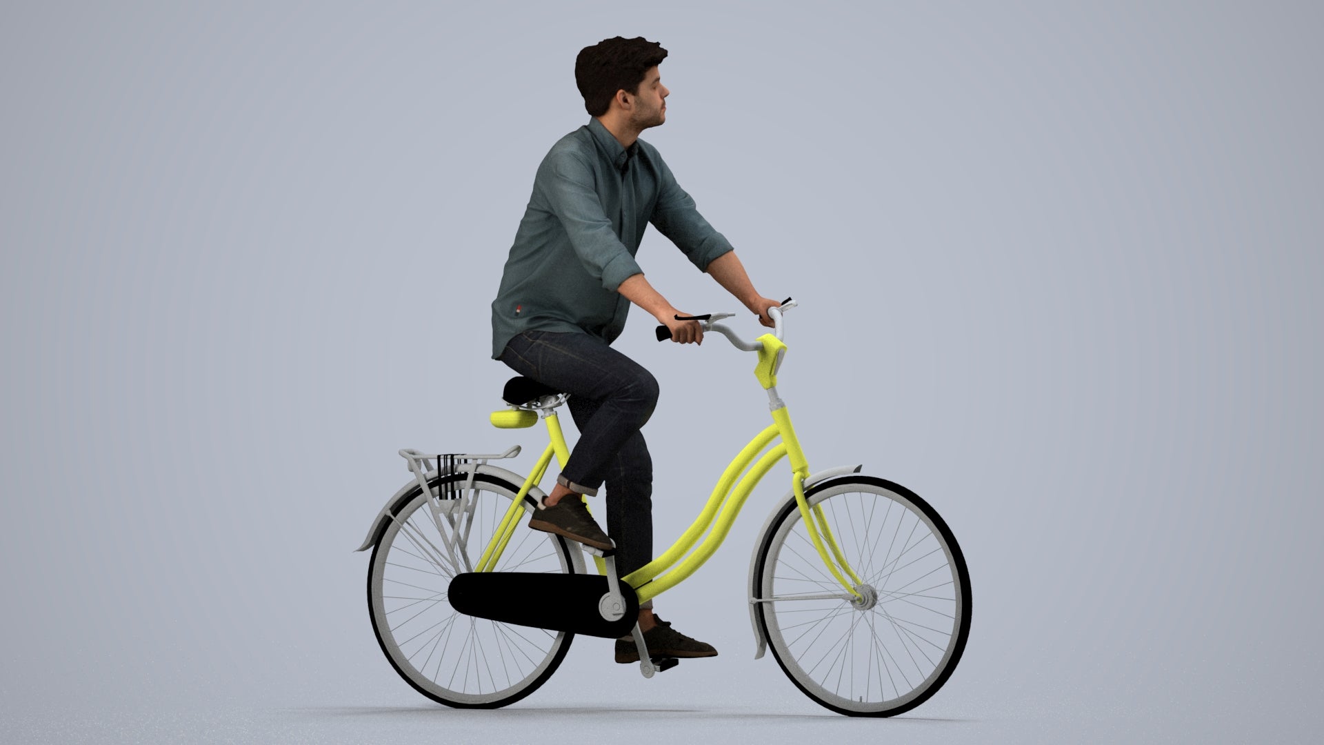 photogrammetry 3D man casual cycling, realistic human model archviz FBX, side view render