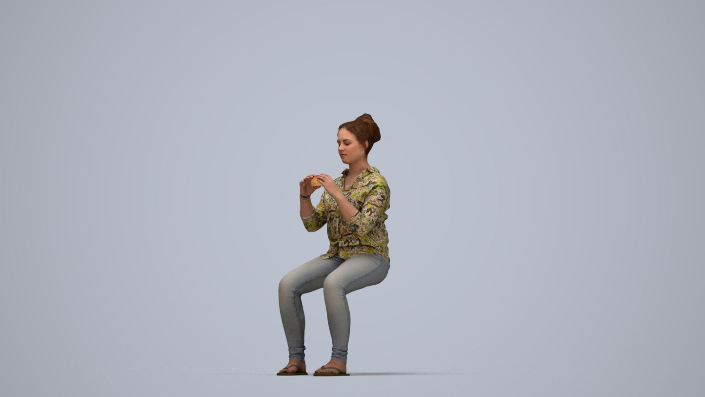 realistic 3D human woman casual sitting, archviz people FBX OBJ for Blender, top-down view render