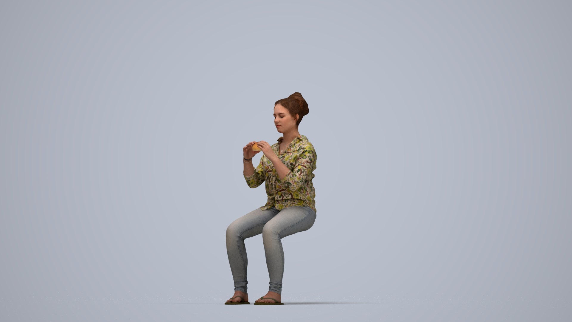 realistic 3D human woman casual sitting, archviz people FBX OBJ for Blender, top-down view render