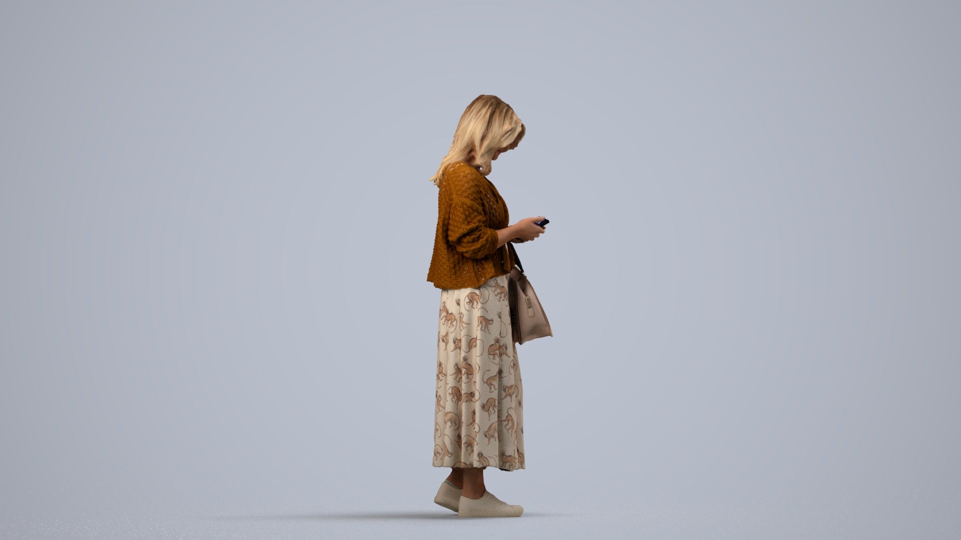 realistic 3D people woman casual standing, render-ready for V-Ray and Corona, FBX OBJ, side view render