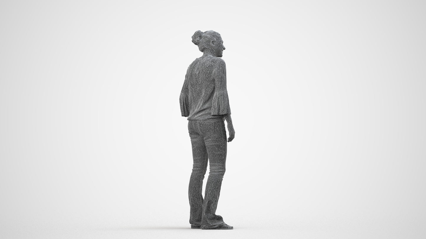 realistic 3D human woman casual standing, archviz people FBX OBJ for Blender, wireframe side view