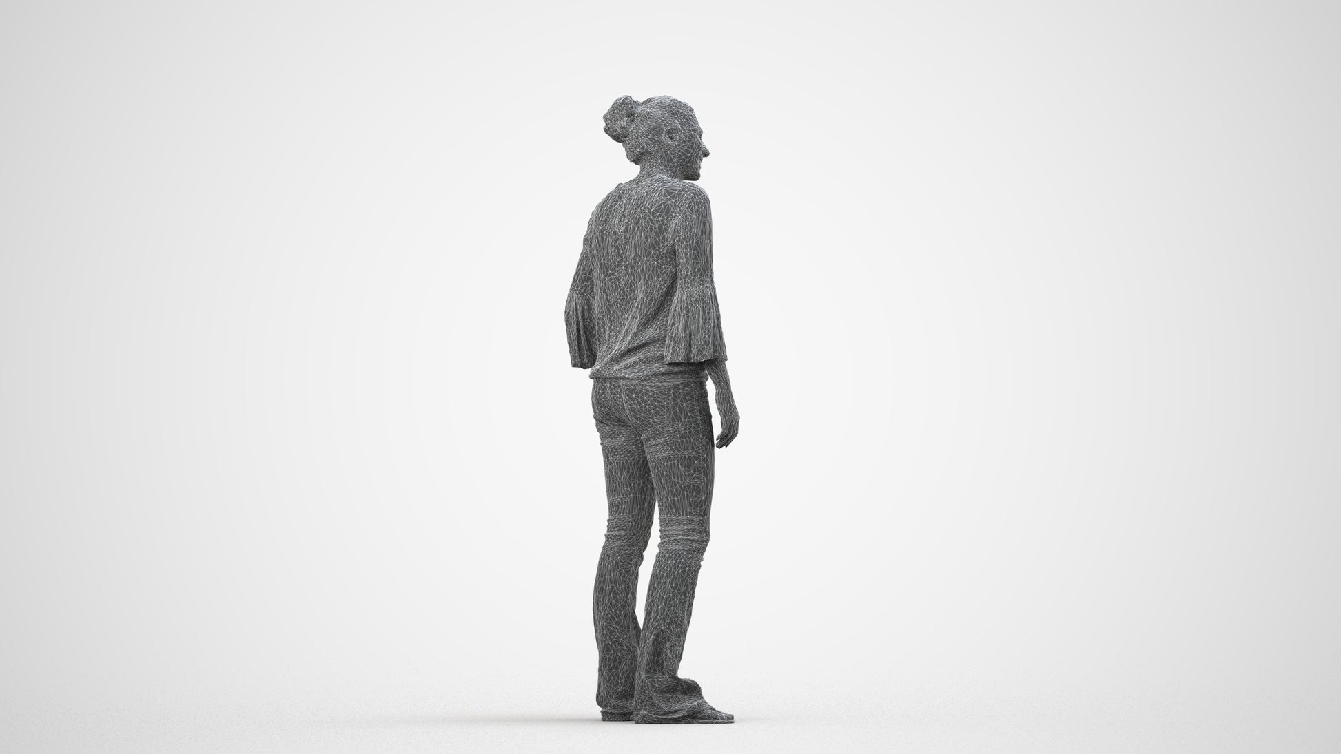 realistic 3D human woman casual standing, archviz people FBX OBJ for Blender, wireframe side view