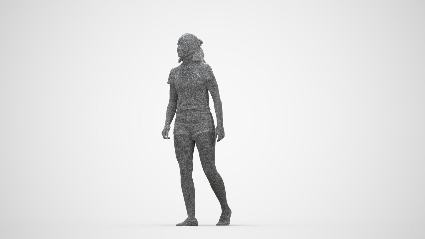 photogrammetry 3D girl casual standing, realistic human model archviz FBX, wireframe back view