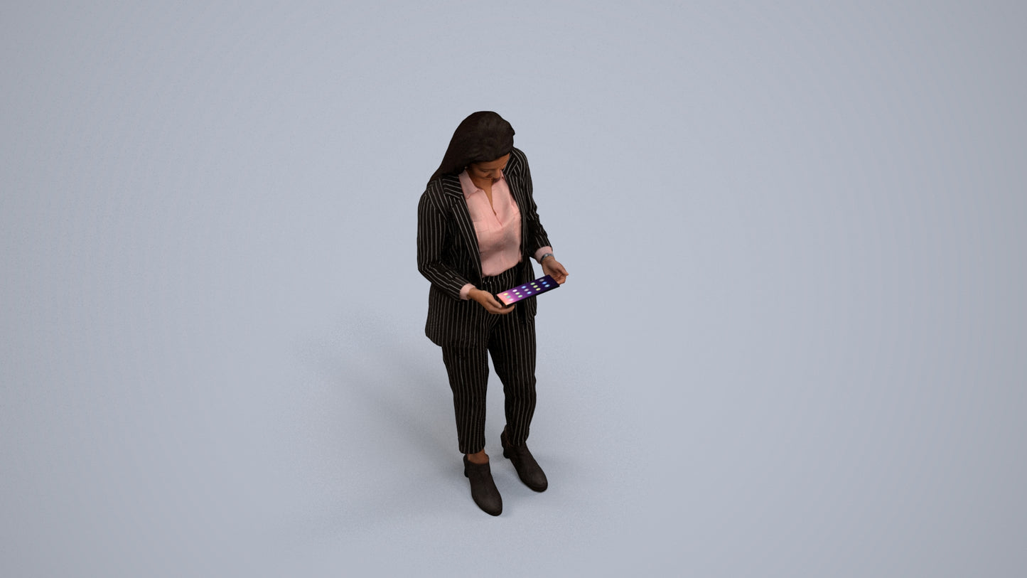 3D human model woman business, photogrammetry scanned person for archviz, back view render