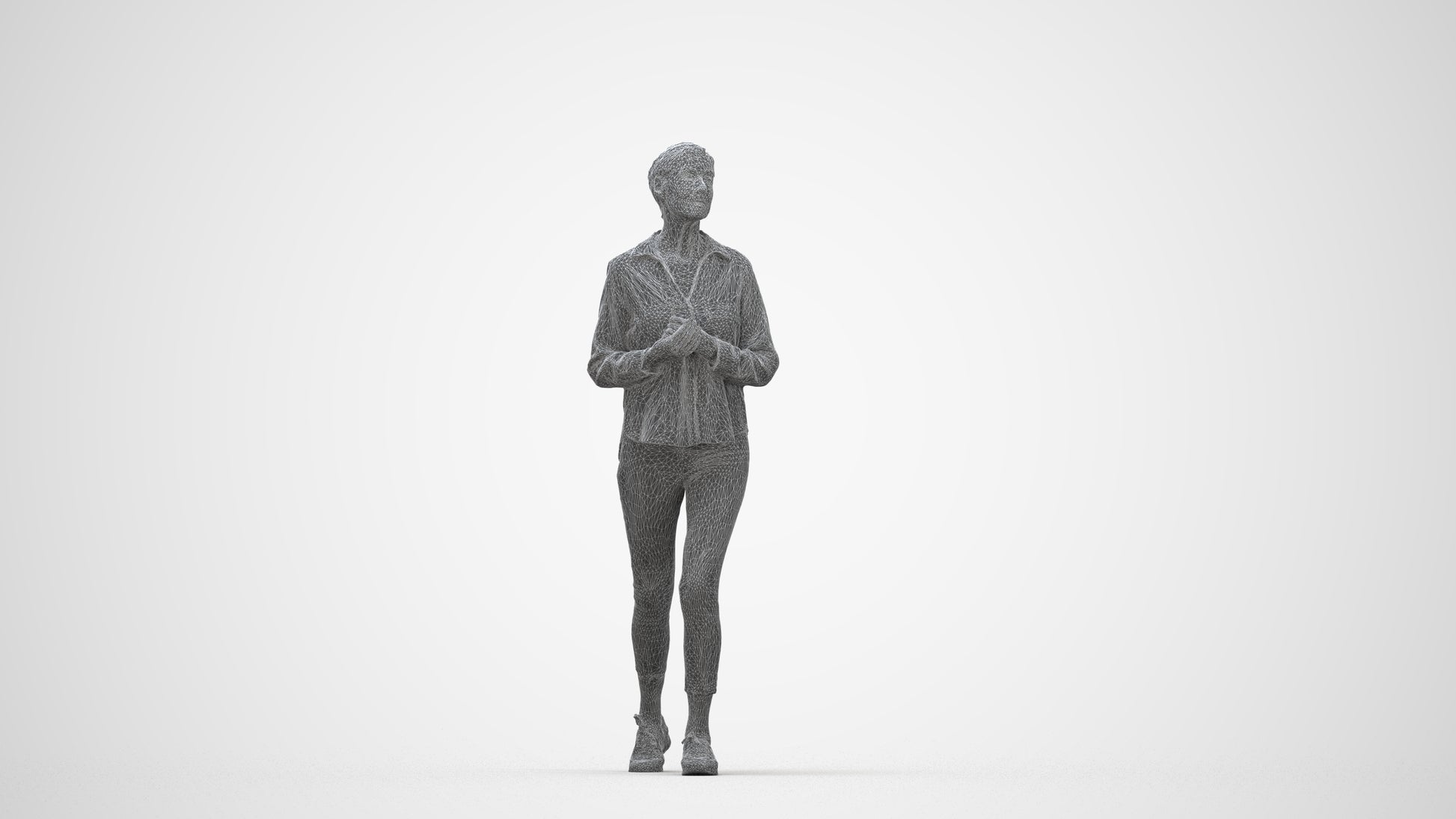 3D scanned senior woman standing casual, photorealistic archviz people for Enscape and SketchUp, wireframe back view