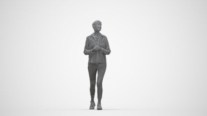 3D scanned senior woman standing casual, photorealistic archviz people for Enscape and SketchUp, wireframe back view