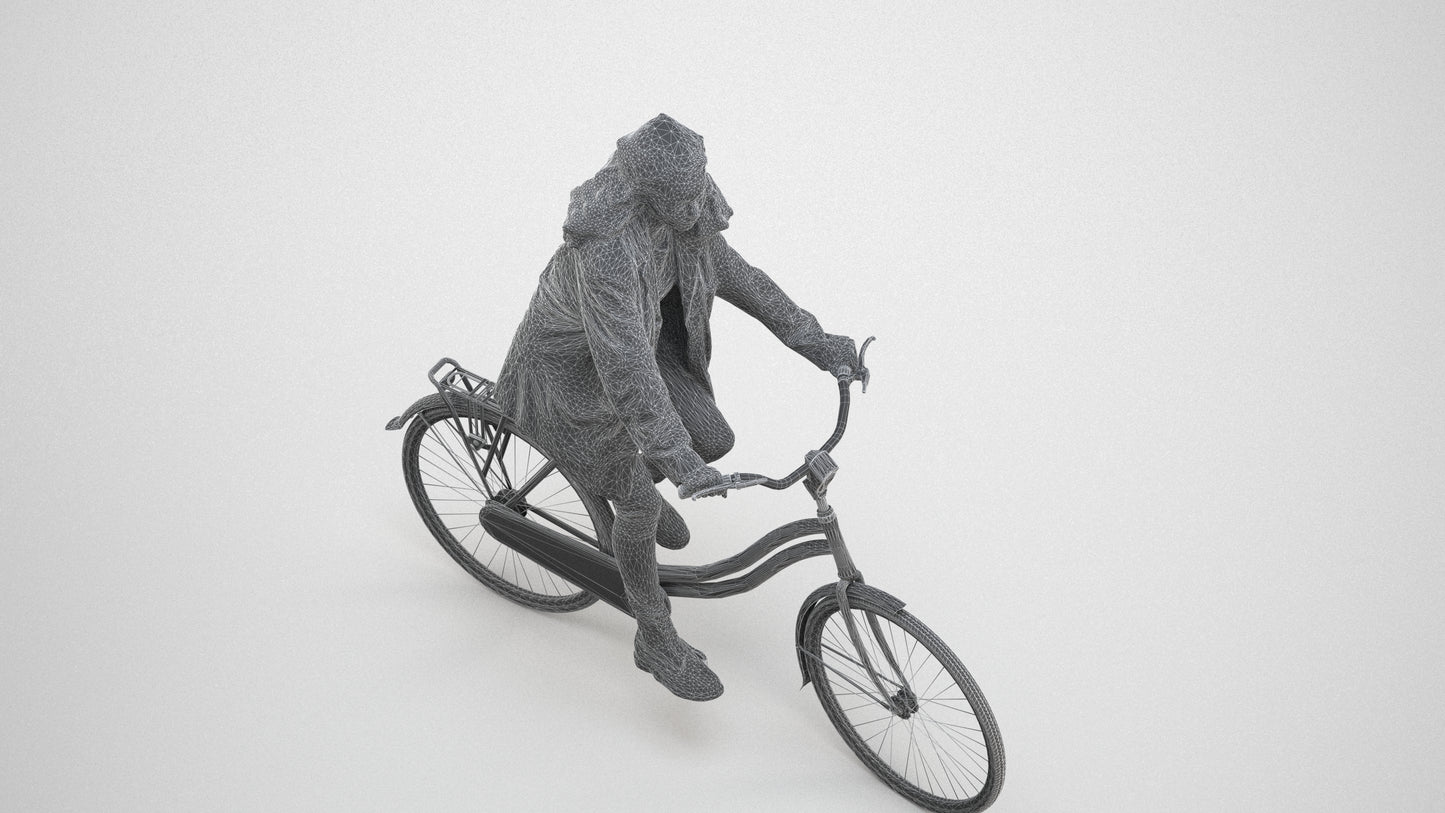 scanned 3D woman casual cycling, photogrammetry people for Enscape and V-Ray, wireframe three-quarter view