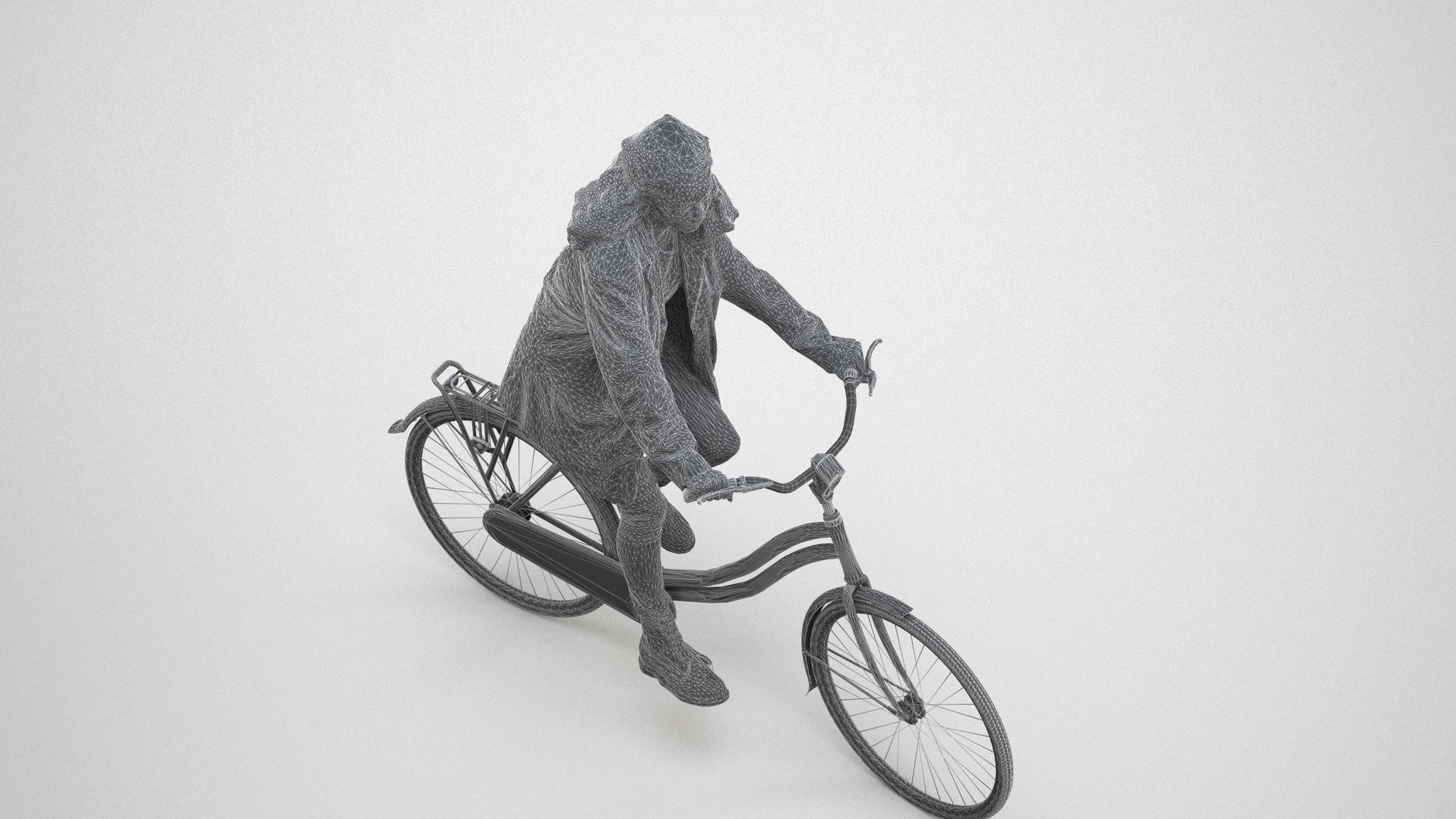 scanned 3D woman casual cycling, photogrammetry people for Enscape and V-Ray, wireframe three-quarter view