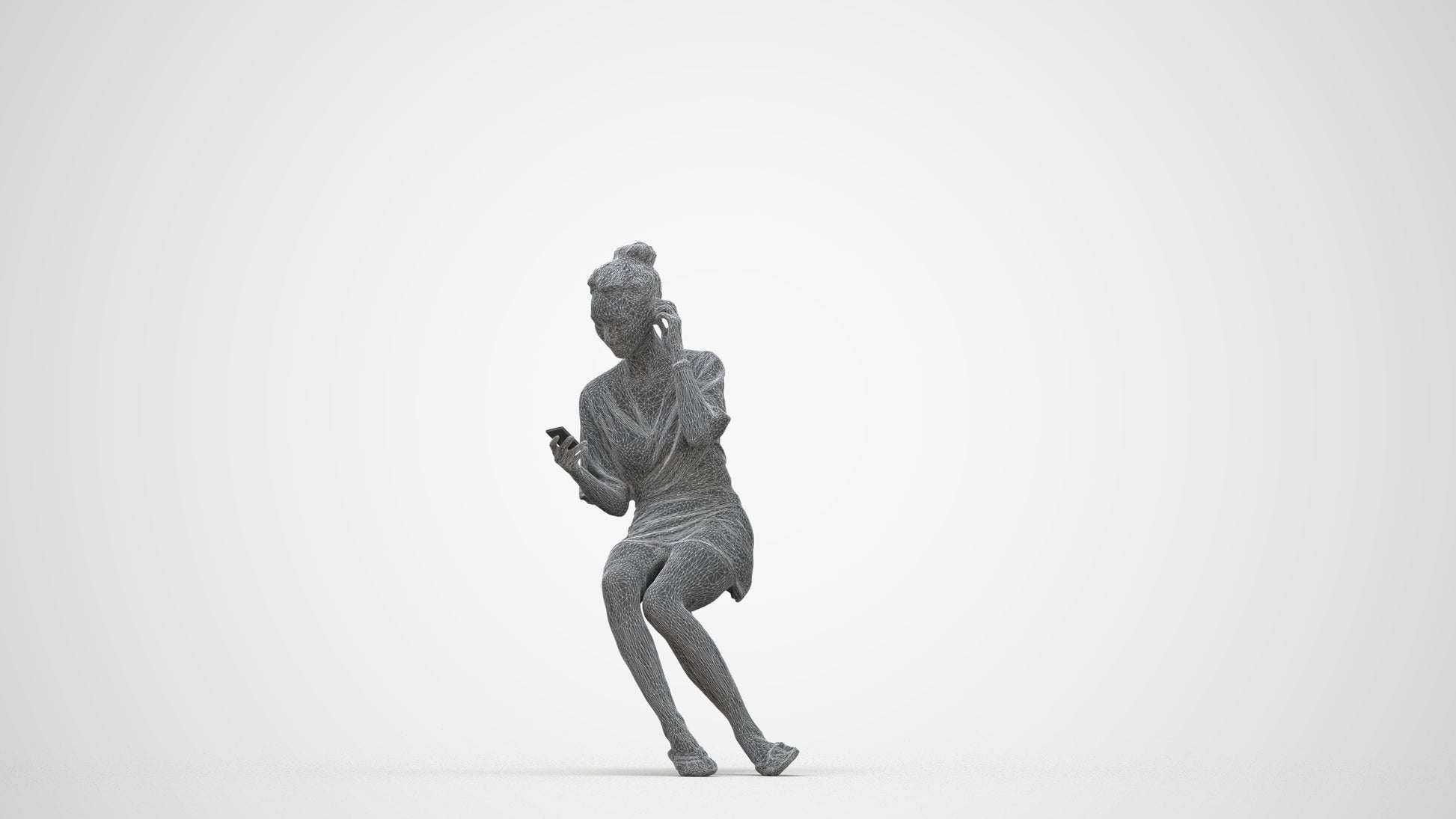 3D human model woman casual sitting, photogrammetry scanned person for archviz, wireframe back view
