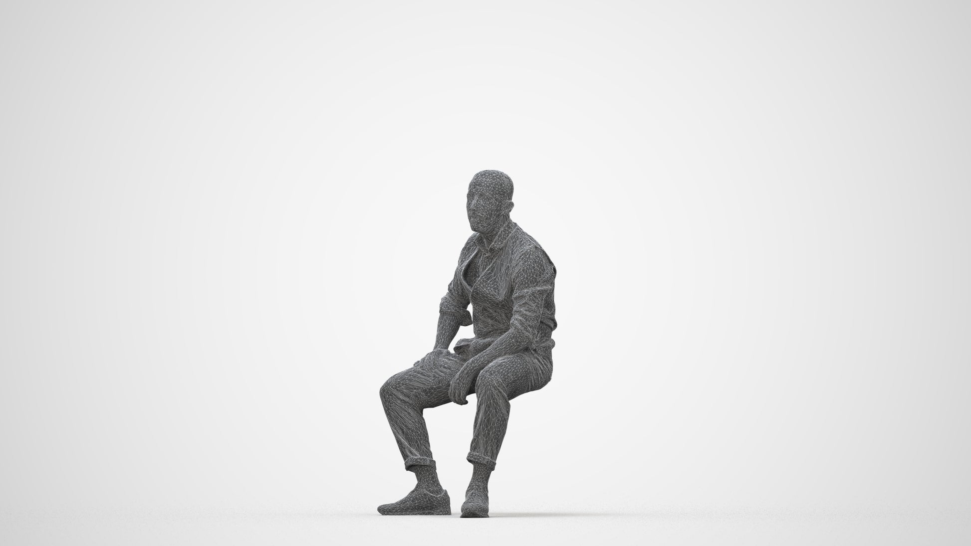 photogrammetry 3D man business sitting, realistic human model archviz FBX, wireframe back view